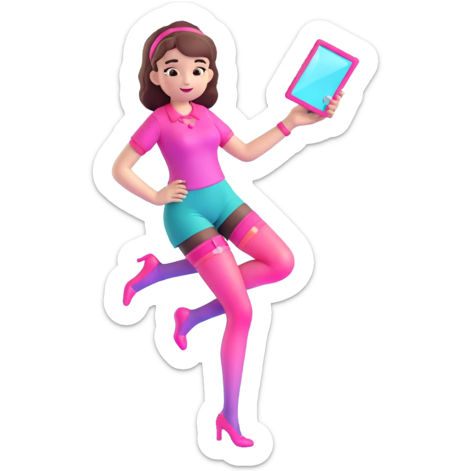 Cute girl character in stockings adjusting fashion accessory, pink gradient from bright pink to light pink, transparent glass style with highlights sticker