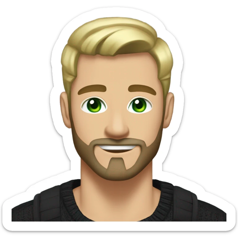 Muscular tall man with green eyes withour beard and mustache dirty blonde short straight hair brushed back, wearing a black sweater in a casual style, loves old-money aesthetic sticker