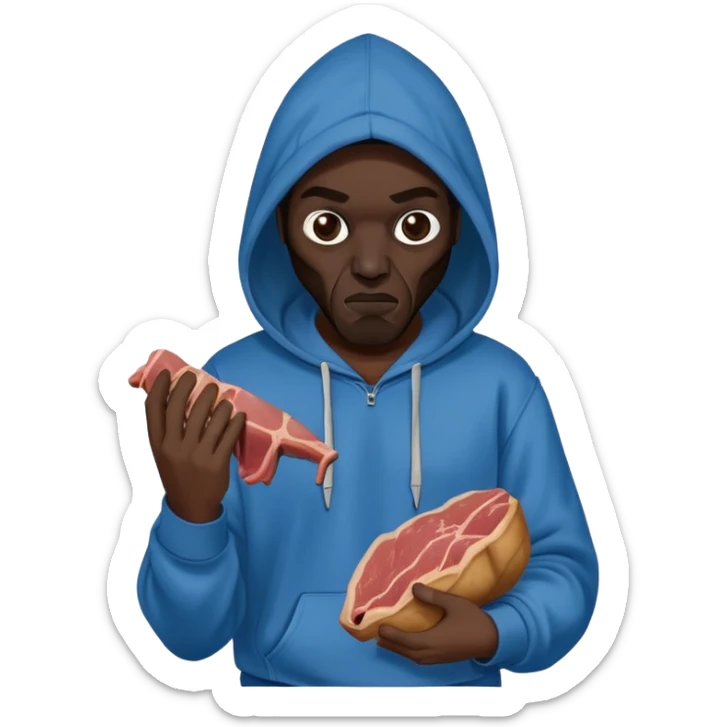 MF DOOM in a blue hoodie holding a piece of meat sticker