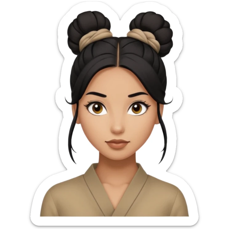 A woman in tan skin, black hair shoulder length tied in half bun, beautiful eyes and flirty gaze with masculine fashion sticker