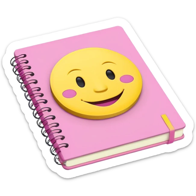 libreta de anillos rosada en perspectiva isometrica con sticker de carita feliz amarilla sticker