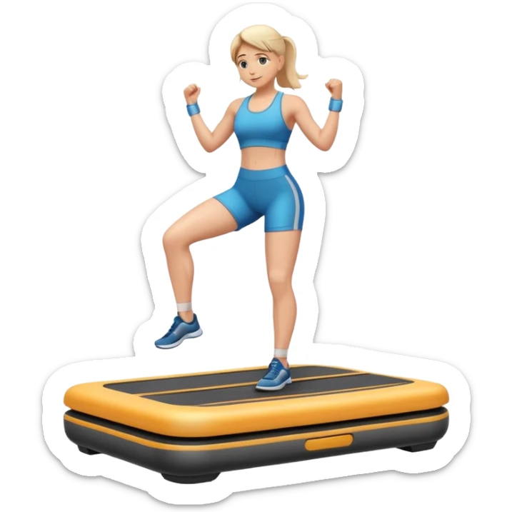 “An emoji of a person standing on a vibrating fitness platform with gentle motion lines around the feet, showing muscle activation and balance, with a bright energetic background.” sticker