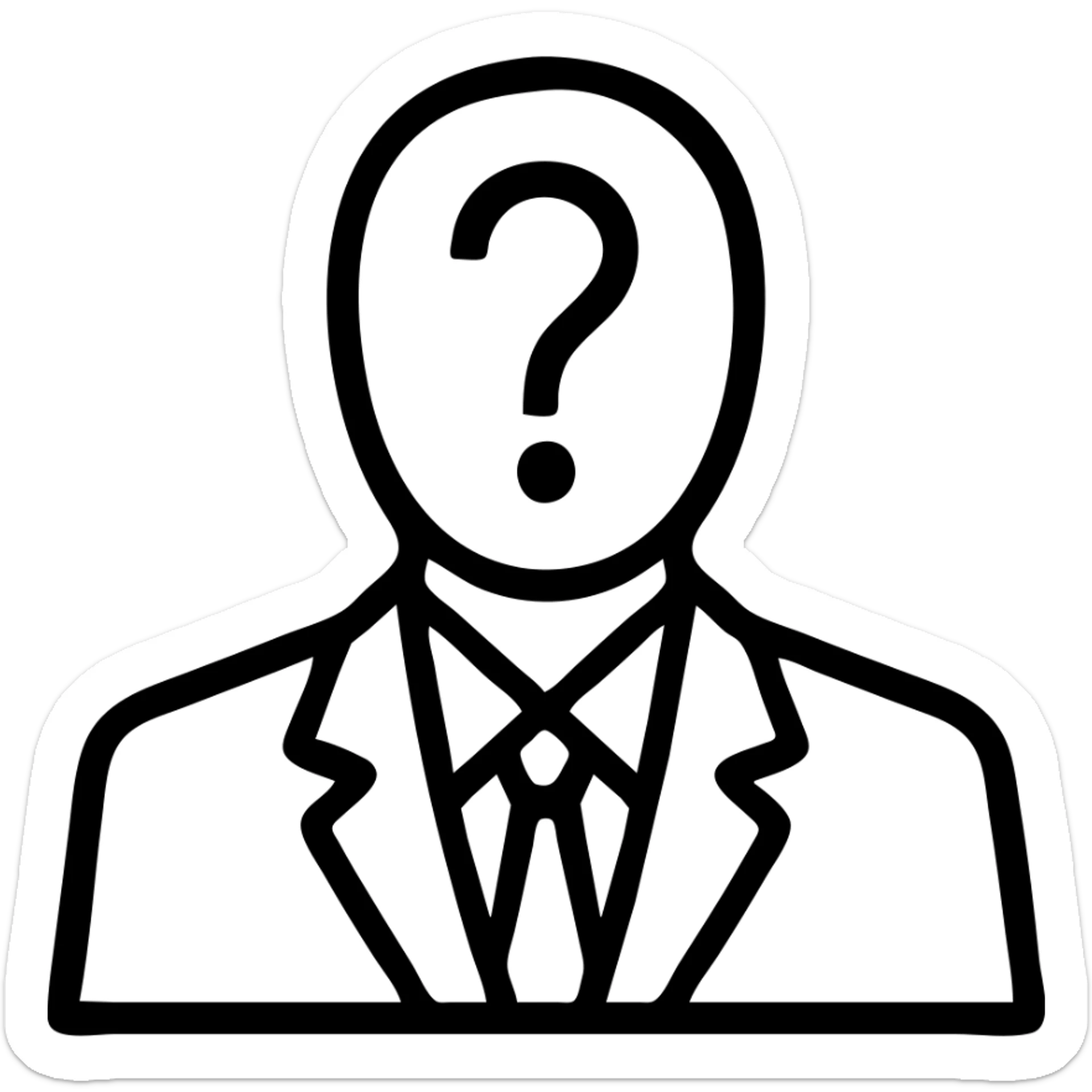 simple and graphic icon of a mysterious figure in a black and white suit, face replaced by a bold question mark, no background sticker