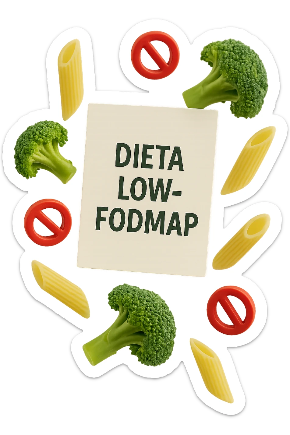 BROCCOLETTI E PENNE DI PASTA RIGATE FLUTTUANO IN ARIA insieme a piccoli divieti 3d, DAVANTI A LORO FLUTTUA UN FOGLIO CON LA SCRITTA "dieta low-fodmap" sticker