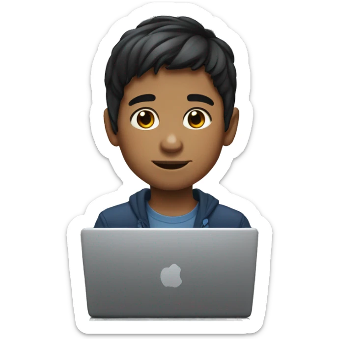 Draw a 10 year old boy with dark hair typing on a laptop, Memoji sticker