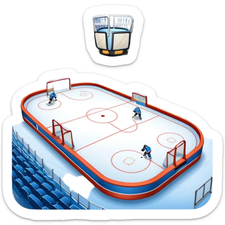 An icon showing a hockey stick, puck, skates, and goalposts on the ice. The background features a large hockey stadium with cheering fans, bright lights, and a snowy landscape visible through the arena. sticker