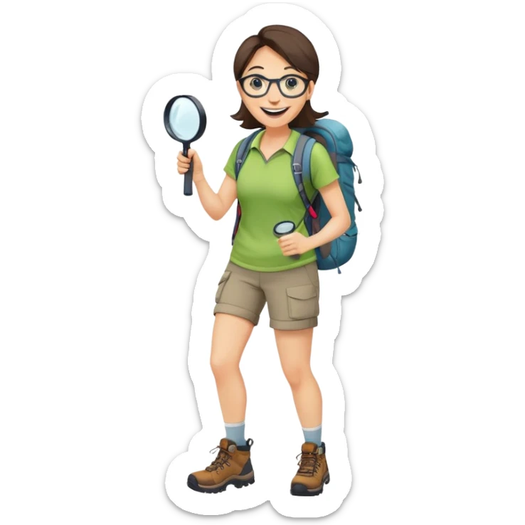 Extremely happy joyful woman in her late 30s with glasses wearing sporty outfit, hiking boots, and backpack, holding a magnifying glass with big smile sticker