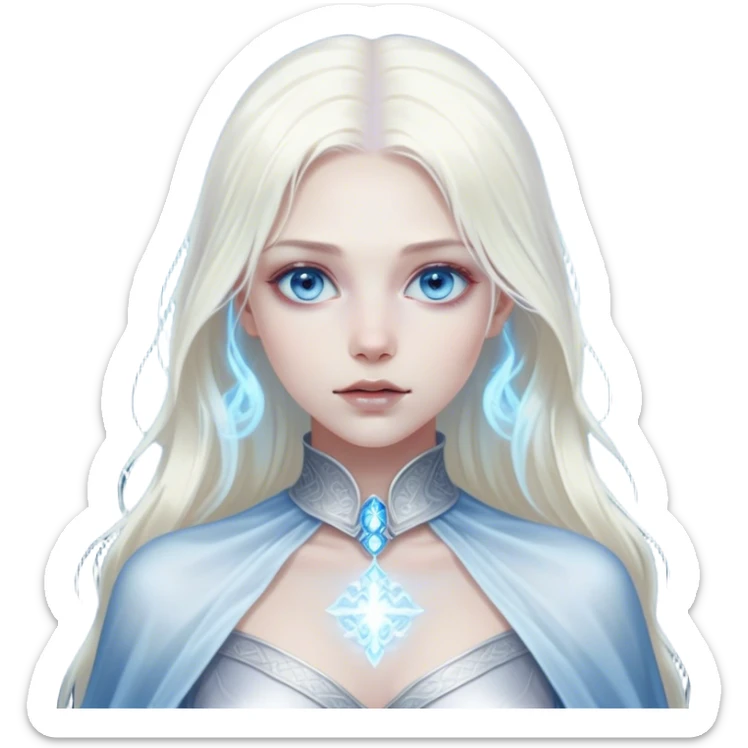 Cinematic, Ultra realistic 32k HD, Breathtaking piece of art, rim lighting, hauntingly beautiful woman with platinum blond hair and gorgeous blue eyes, art, mostly greyscale, Balanced features, highly detailed digital artwork, glowing with silver light, glowing, high shine, deviant adoptable, highly detailed clothing, remembrance, a painting of white silver, fanciful, enchanting, ghostly, embodying the essence of both reality and fantasy, dreamy, dreamy glow, optical illusion, immaculate composition, complex pose, air composition. The image is so lifelike that it feels as though it could leap off the canvas at any moment sticker