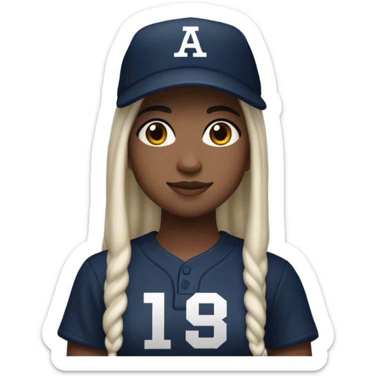 white skin with black long hair girl wearing navy ballcap emblazoned with a red G initial and wearing baseball uniform sticker