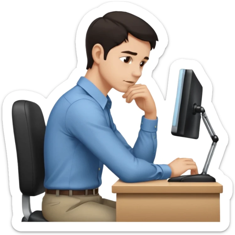  iOS emoji style - Side profile of a man with dark hair and wearing a collared-shirt. He sits with hunched posture at a desk. sticker