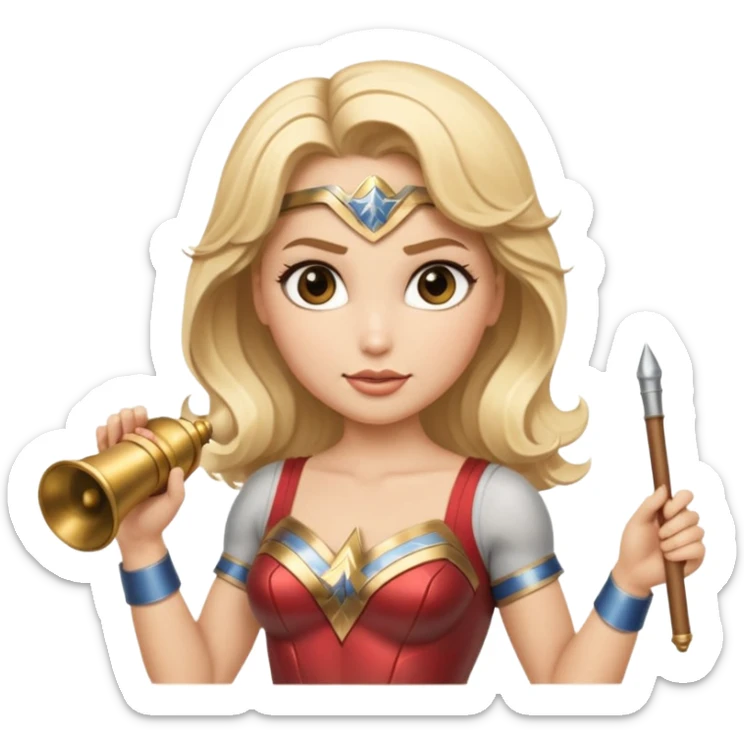 Blonde Wonder Woman holding bell and short white orchestra conductor’s baton  sticker
