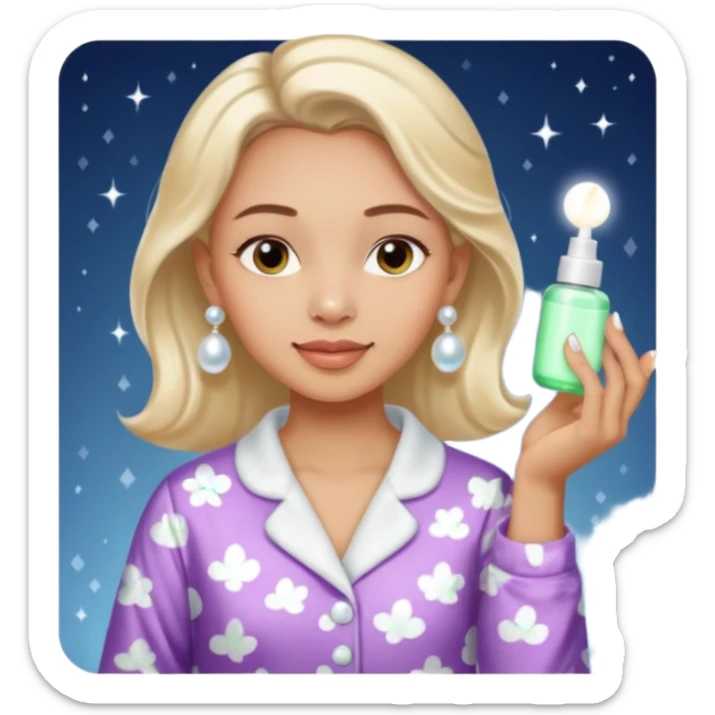 Clean girl aesthetic emoticons, apply skincare products, pearl earrings, glowing skin, pajamas, soft lighting sticker