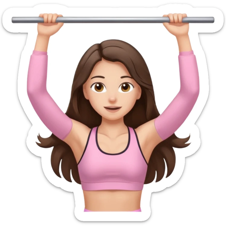 white happy brunette teen long hair with hazel eyes in light pink workout clothes doing a pullup sticker