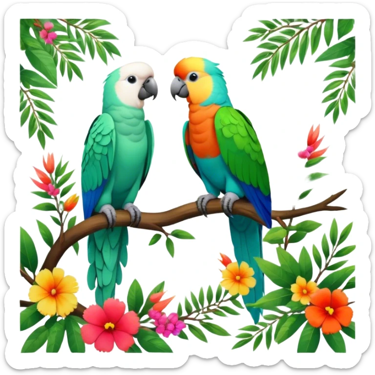Close-up collage of vibrant Ara parrots and Inca cockatoos sitting on tree branches, surrounded by lush greenery. Bright colors of the birds stand out against a natural, sunny background of trees and flowers. Transparent background. sticker
