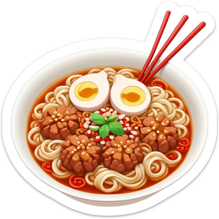 Fuzhou Lychee Pork Noodles with meat sauce and noodles, simplified emoji style with bold outlines and bright colors, cartoon style Fujian specialty Ban Mian sticker