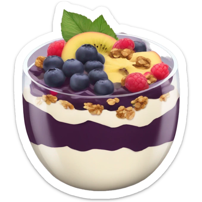 Açaí in a clear cup with layers of fruits and granola and condensed milk sticker