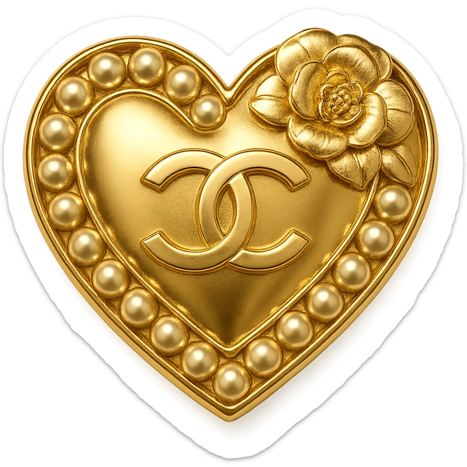 Chanel heart metallic gold with pearls and camellia flower luxury details sticker