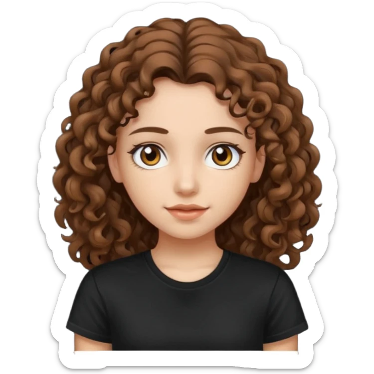 Brown eyes, long curly brown hair black t-shirt girl sticker
