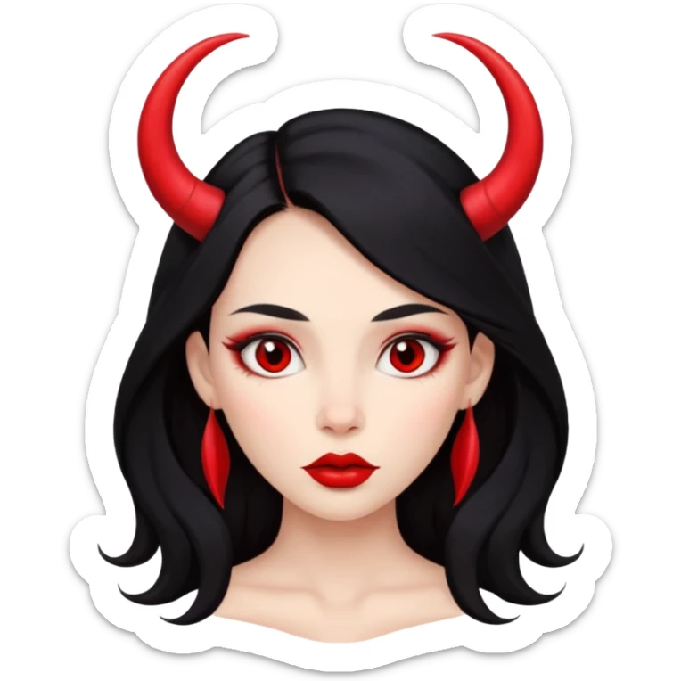 A skin red girl's face with cheekbones, long black hair, small red horns, big lips sticker