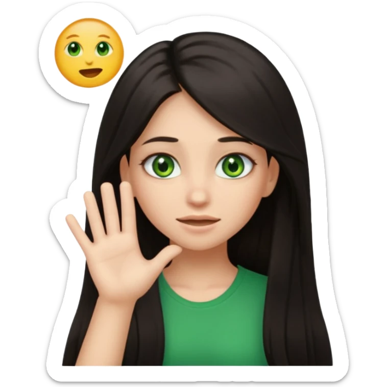 Animated girl dark long hair green eyes emoji with duh facial expression ,one hand on top of her head sticker