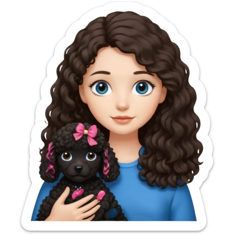 Brunette girl with long wavy hair and blue eyes holding black puppy poodle with brown eyes sticker