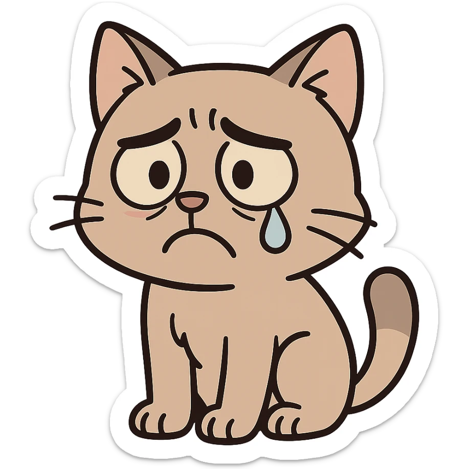 sad cat with a tear, cartoon style sticker