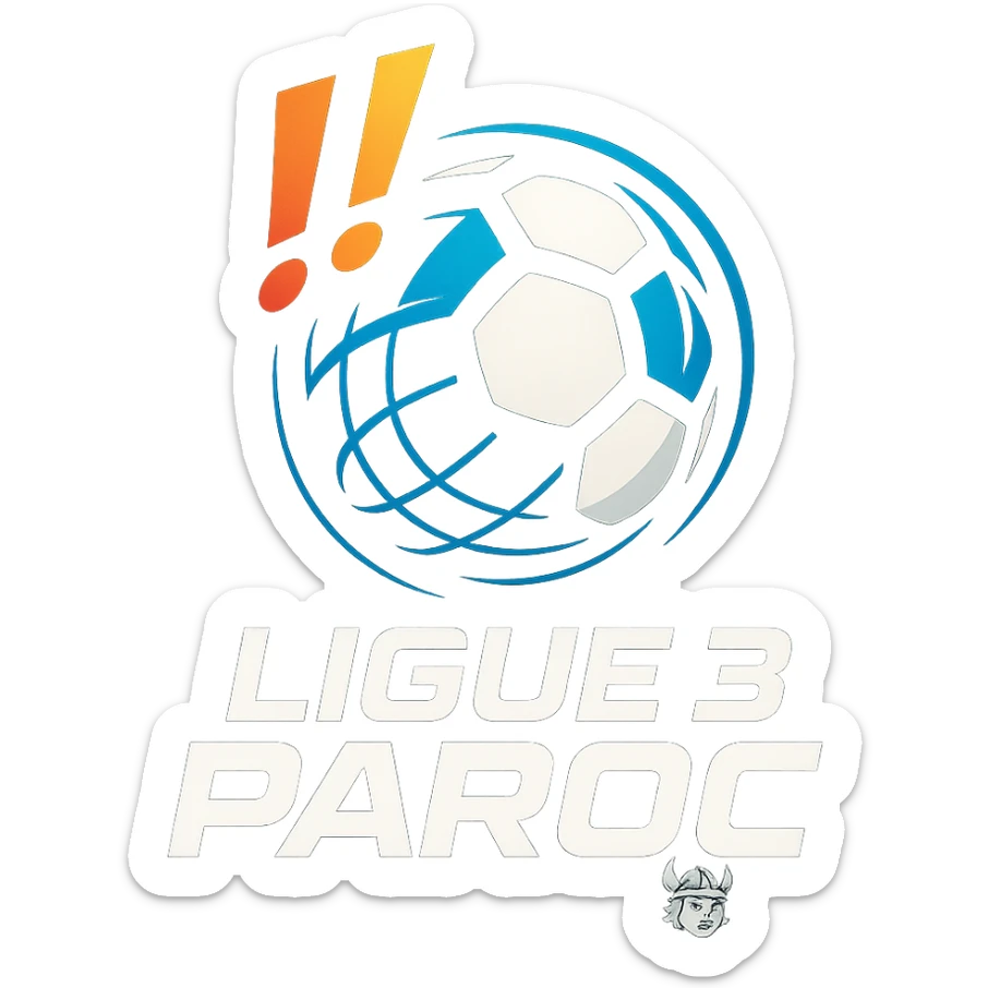 Le logo présente un ballon de football moderne, stylisé en forme de globe digital . Deux points d’exclamation "!!" dynamiques, en biais et colorés, sont placés en haut à gauche du ballon comme un emblème, évoquant l’intensité et l’enthousiasme de la ligue.

En dessous, le nom "Ligue 3 Paroc" est écrit en lettres audacieuses, avec une typographie sportive mais légèrement futuriste. Le mot "Paroc" est accompagné de son emblème discret (viking enfant) sticker
