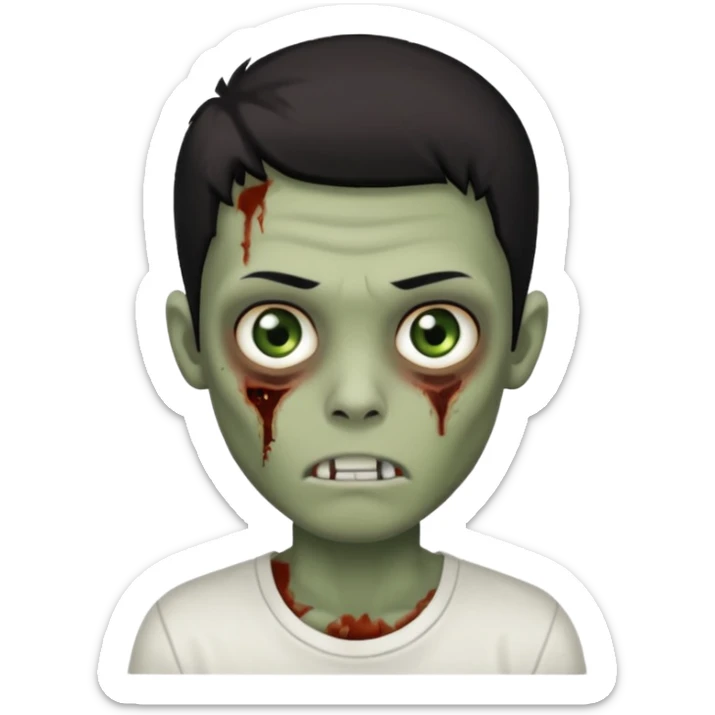 um garoto zombie de cabelo preto, com olhos castanhos esverdeados de camisa branca. sticker