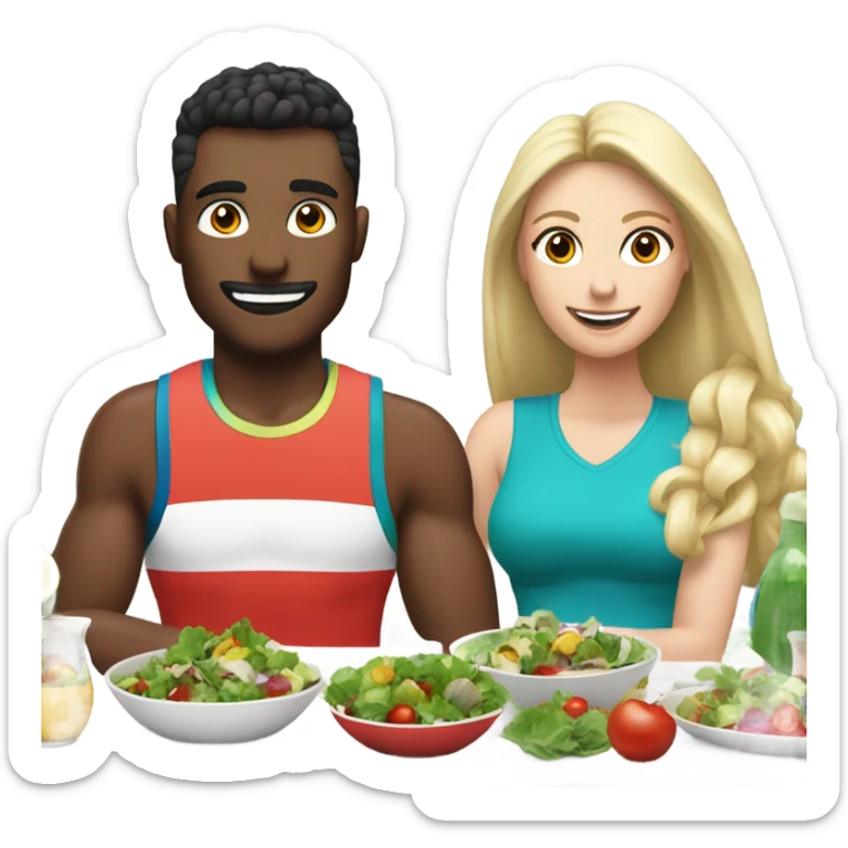 emoji Sporty white couple, man and woman in sportswear, sitting at Christmas festive dinner table only salads. behind them is a Christmas tree sticker