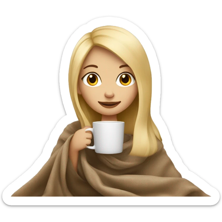 Blond straight hair girl sitting with her cozy coffee  and beige blanket sticker