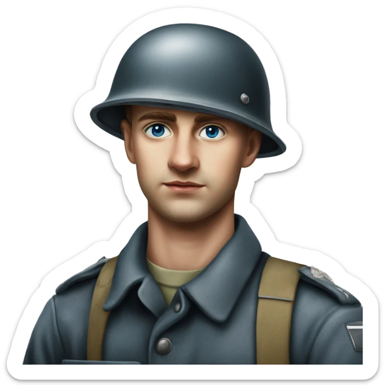 blue eyed  guy 28 years old german soldier in helmet 1940 photorealistic serious sticker