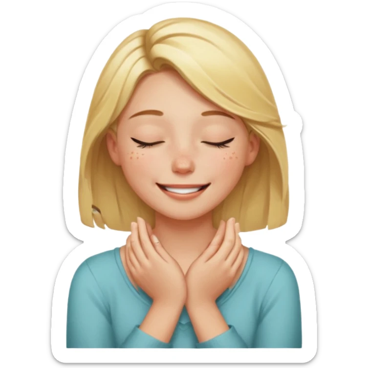 Happy blonde girl with eyes closed and mouth smiling and hands cupped around her neck sticker