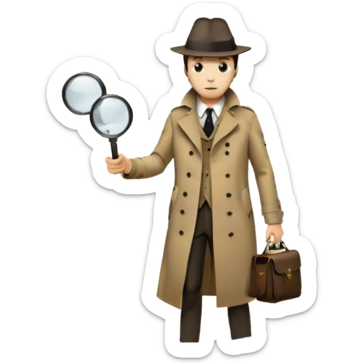 Icon for Detective Movies: A vintage movie poster-style design with a mysterious silhouette of a detective in a trench coat and fedora, holding a magnifying glass. Add dark alleys, shadows, and crime scene elements. Retro typography with cinematic flair. Transparent background. sticker