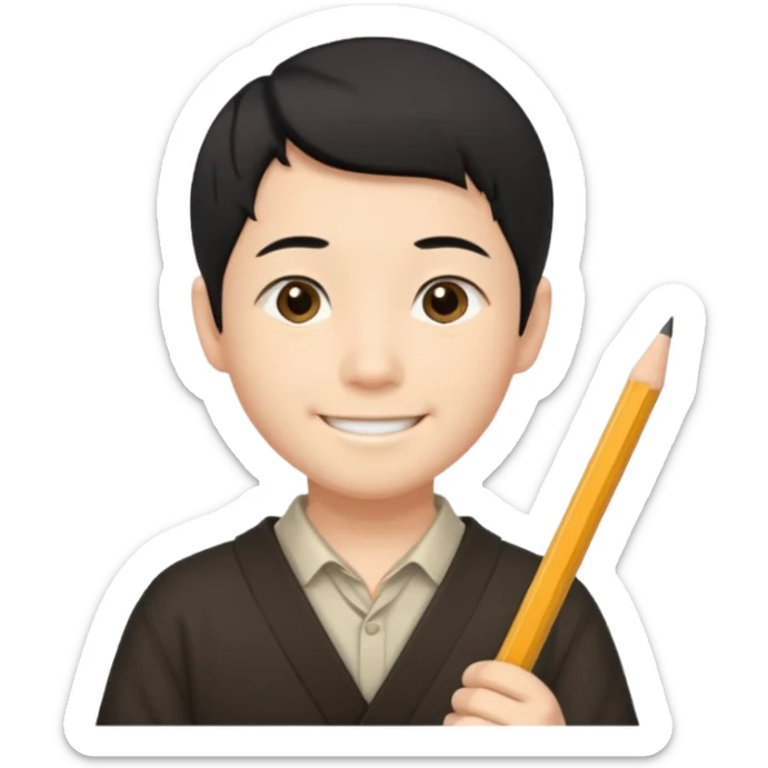 A Japanese male character with short hair, smiling, holding a pencil in his hand. sticker