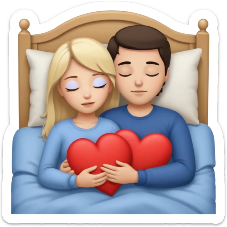 cuddling in bed, asleep. blonde girl. brunette man. eyes closed. heart between them. no headboard sticker