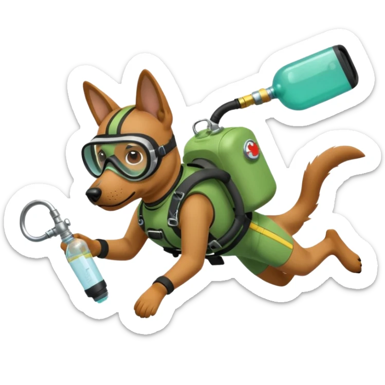 dog wearing scuba green gear dive into the sea with diver mask and oxygen tank sticker