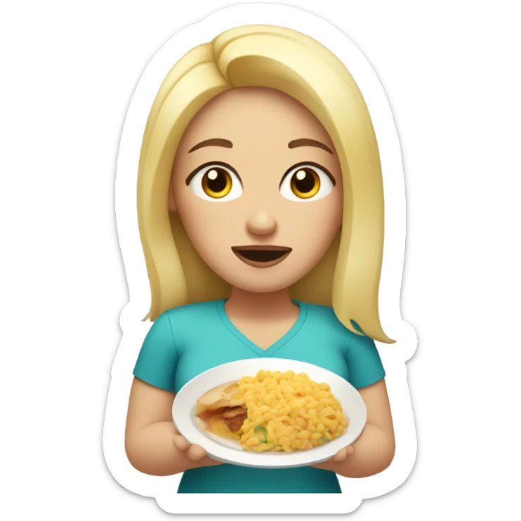 an overweight blondie woman crying with a plate of food sticker