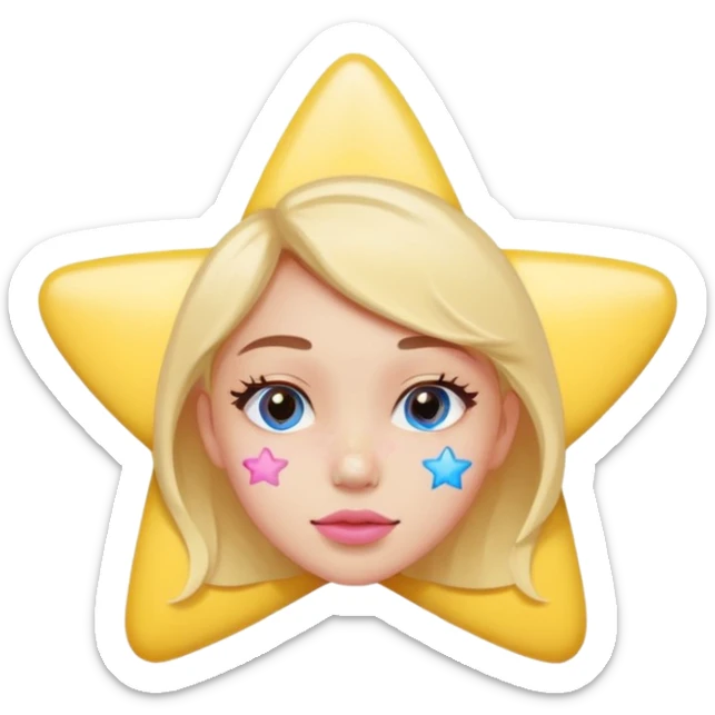 A cute emoji-style young woman with a small pimple on her cheek covered by a colorful pimple patch shaped like a star or heart,The sticker is glossy and pastel-colored (pink, yellow, blue). sticker