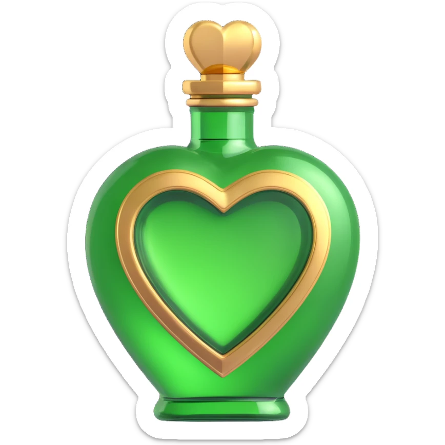 luxurious heart-shaped bottle with golden details, main color rich #c0ff53 green, shiny, decorative, stylish, magical elixir bottle, 3D effect sticker
