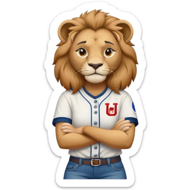 determined anthropomorphised female lion in a baseball shirt and jeans with arms folded sticker
