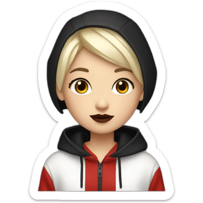 Tiny White girl lightly tanned with very short haircut black eyes and black hair wearing black messa hoodie like alyx Vance and red lipstick  sticker
