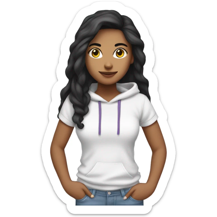 chica latina con cabello negro lacio largo y con camiseta defondo blanca y hoodie lila sticker