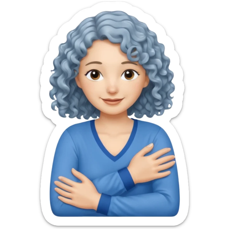 silver, wavy/curly hair chin-length lady giving hug with 2 arms, blue v-neck and smiling sticker