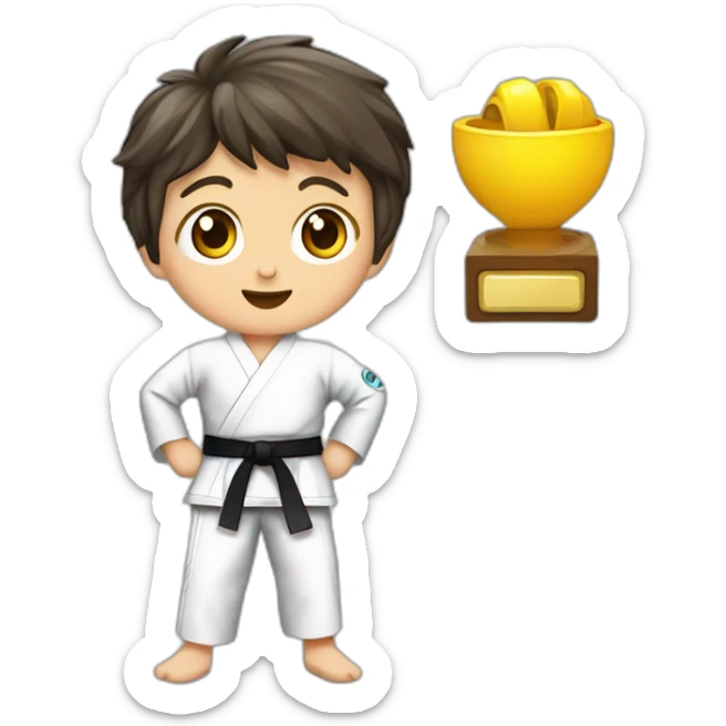 un niño de 8 años trigueño cpn pelo ondulado y ojitos achinadospracticando taekwondo solo cabeza sticker