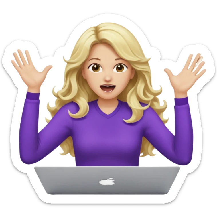 lady with long blonde wavy hair, purple top throwing her with a laptop hands in the air screaming sticker
