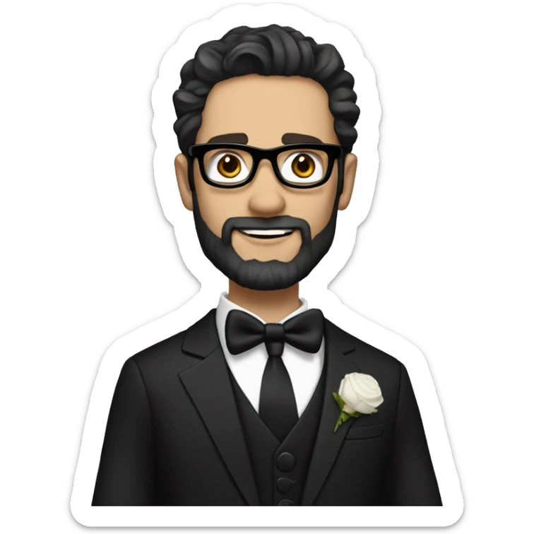 Groom with dark wavy hair and beard and metal glasses pale skin and black tux sticker