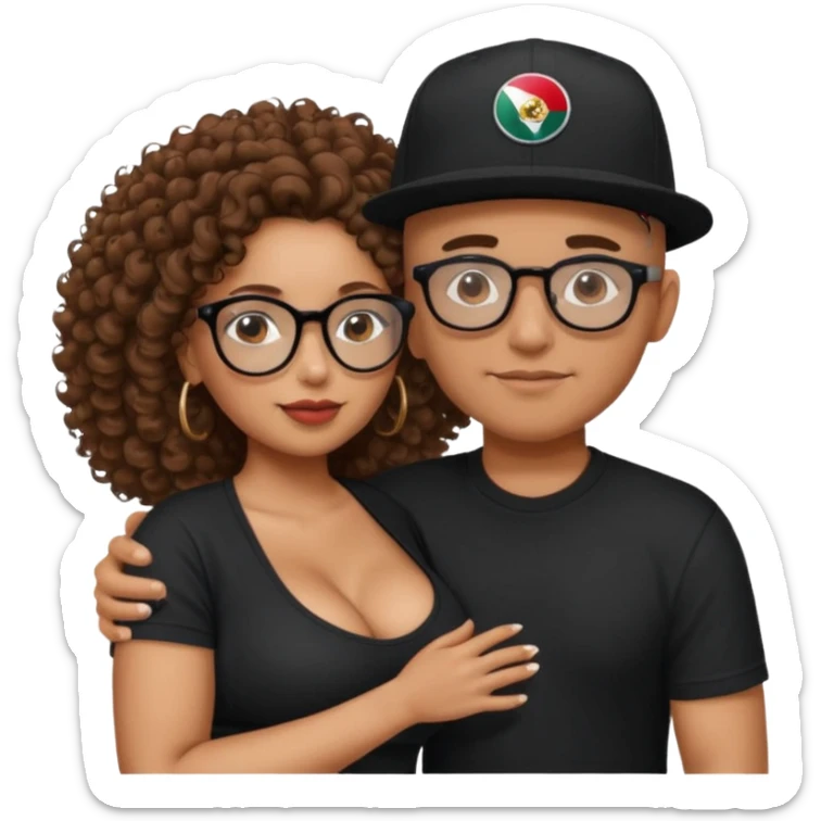 A picture of a tanned couple embracing. the guy is Mexican, with a bald hair cut and he has a SnapBack hat on. The girl is mixed, the girl is wearing a black shirt, the girl has brown curly big hair and the girl has big boobs and the girl wears glasses but the man doesn't  sticker