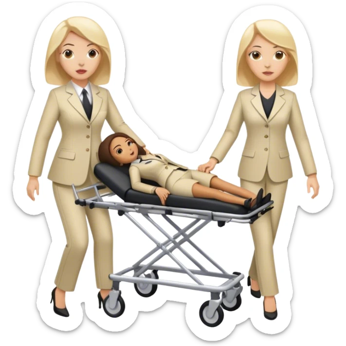 2 woman in pants suits pushing a stretcher whit a body bag on  sticker