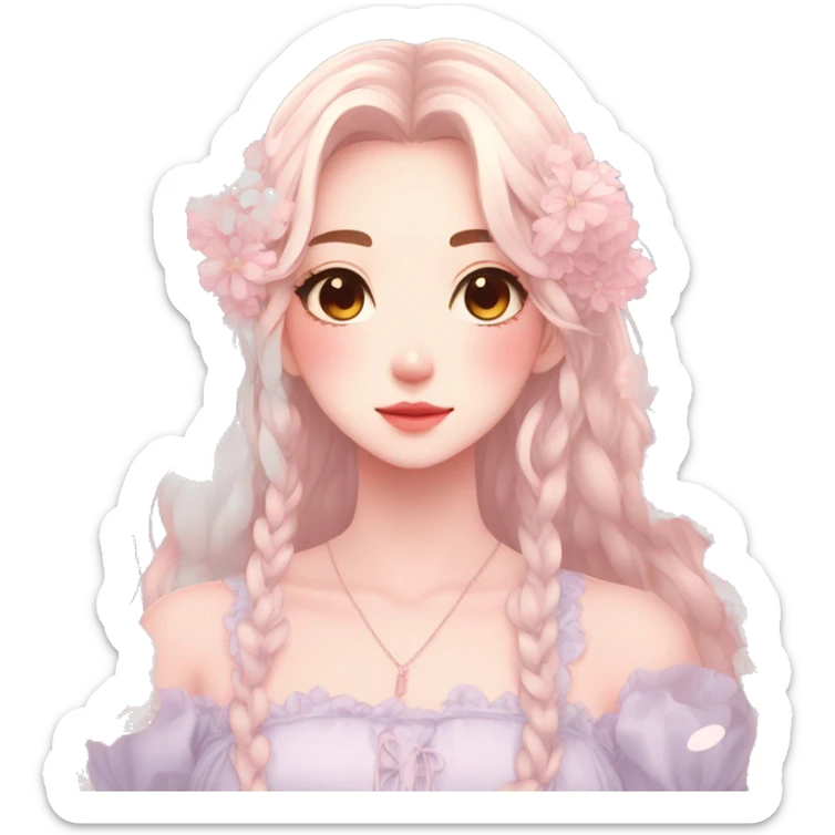 Gorgeous pastel anime style lady with blushing face and flowers and laces aesthetic trending style sticker