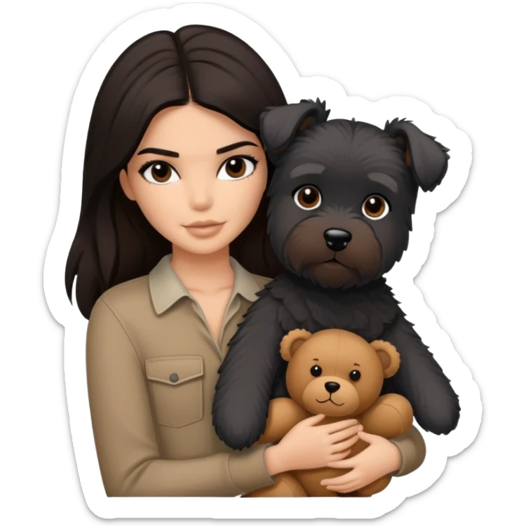 Kendall Jenner with long dark hair, holds a brown teddy bear and a black schnauzer sticker